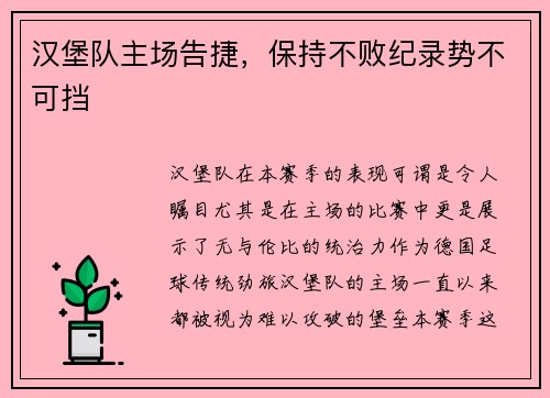 汉堡队主场告捷，保持不败纪录势不可挡